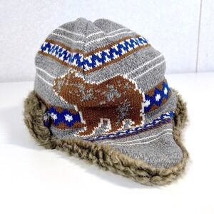 Hanna Andersson kid large youth bear knit trapper flap hat faux fur cotton lined